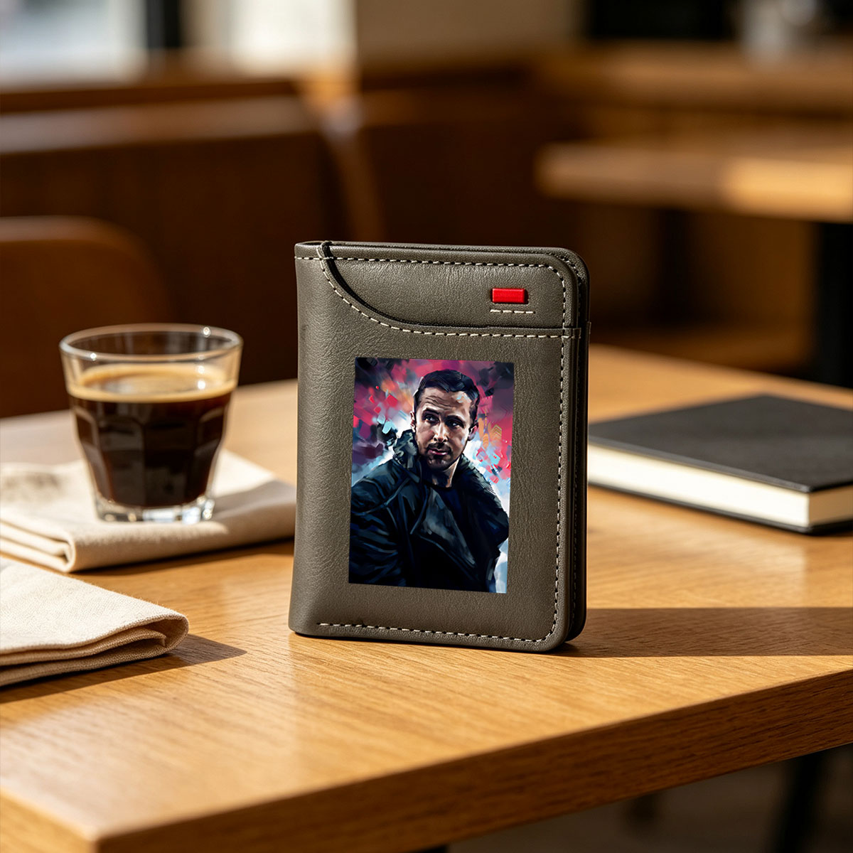 Ryan Gosling in a dramatic, stylized portrait with vibrant, abstract background - Vertical Style Wallet