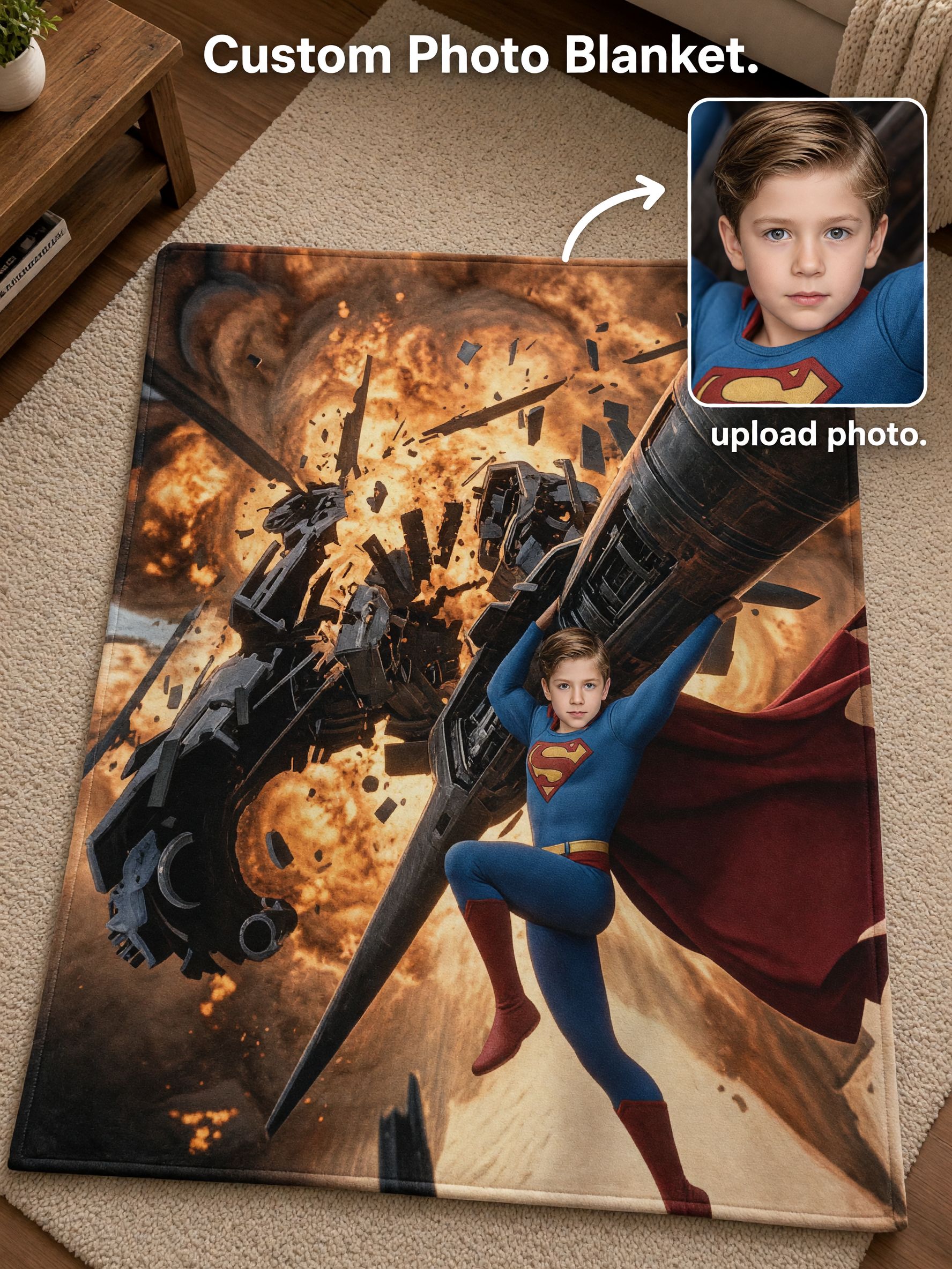 Custom Face Photo Blanket Superhero Flannel Throw Soft Anti-Pilling Fleece Bed Couch Cover Ideal Personalized Gift