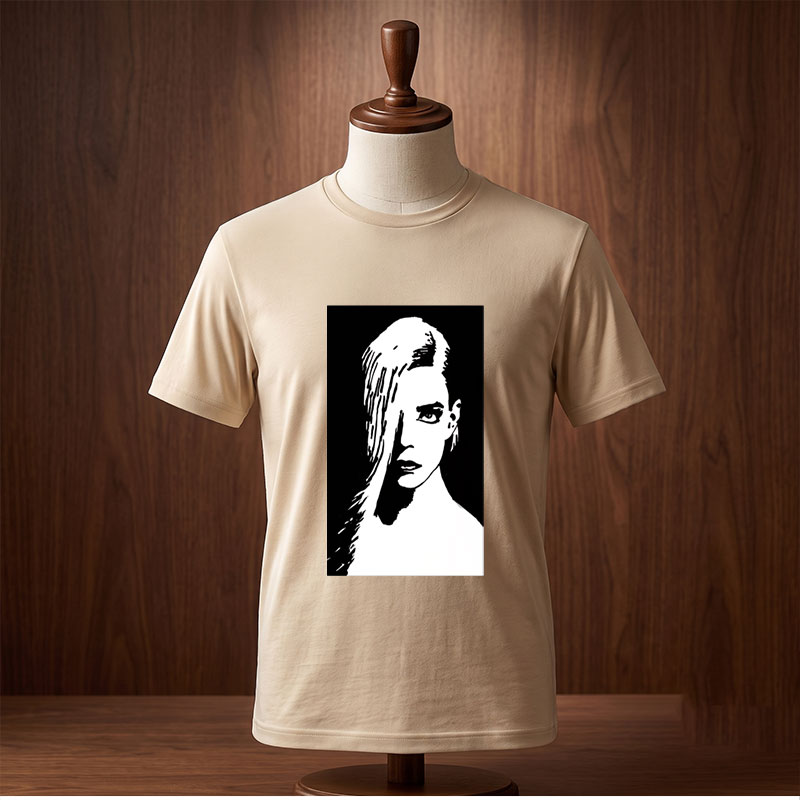 Stylized Black and White Portrait of a Woman with Long Hair - Tee