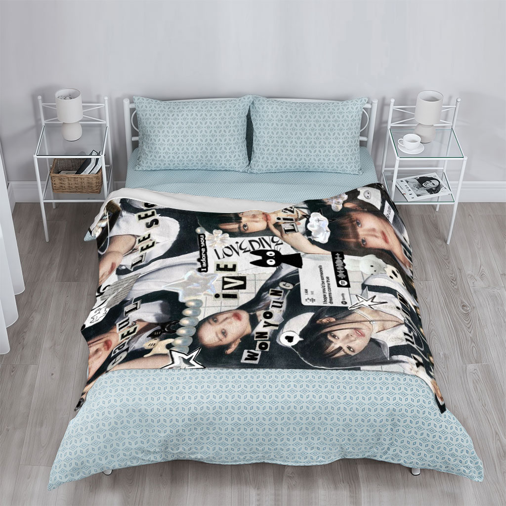 IVE Members in a Stylish Collage Featuring Fashion, Music Notes, and Cute Icons - Blankets