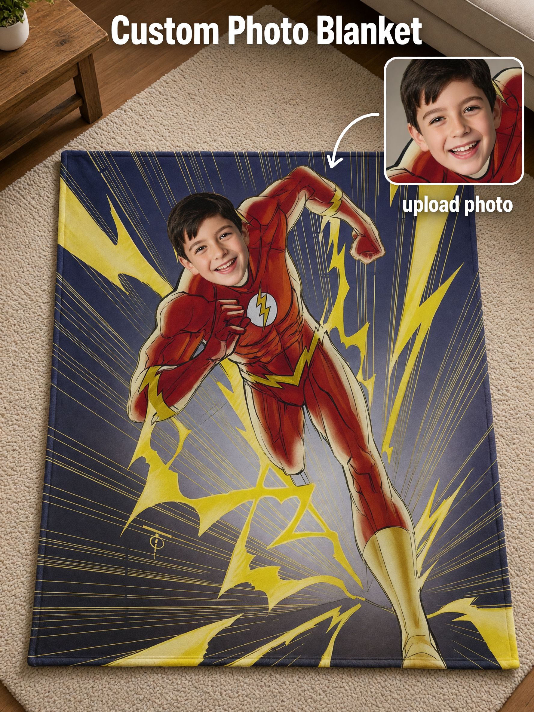 Custom Superhero Photo Blanket Ultra Soft Flannel Throw Fleece Personalized Face Bedding for Kids Ideal Gift