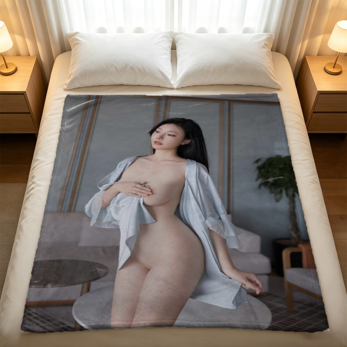 A young woman in a white lace bralette and white leggings with nipple clamps, sitting by the pool. - Blanket