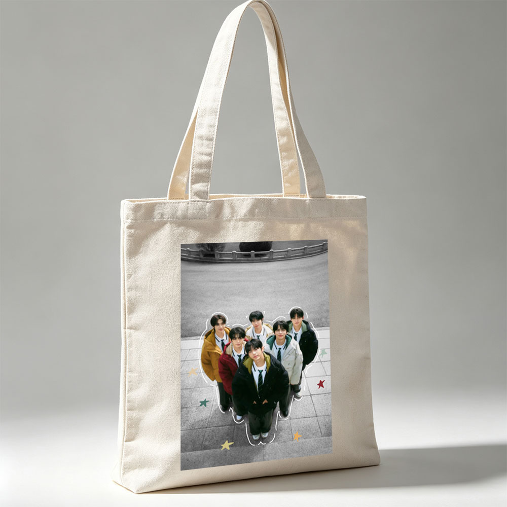 TXT Group in School Uniforms Standing Together Outdoors with Star Accents - Canvas tote bags