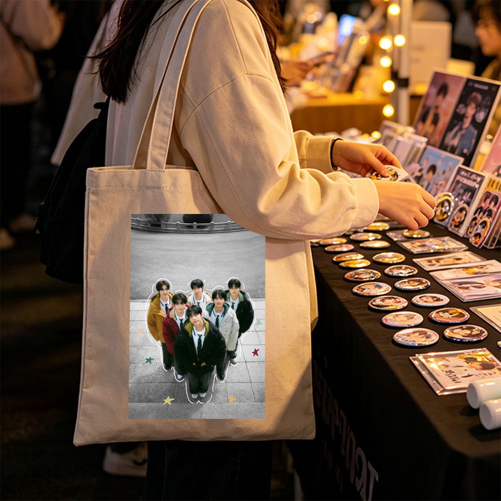 TXT Group in School Uniforms Standing Together Outdoors with Star Accents - Canvas tote bags
