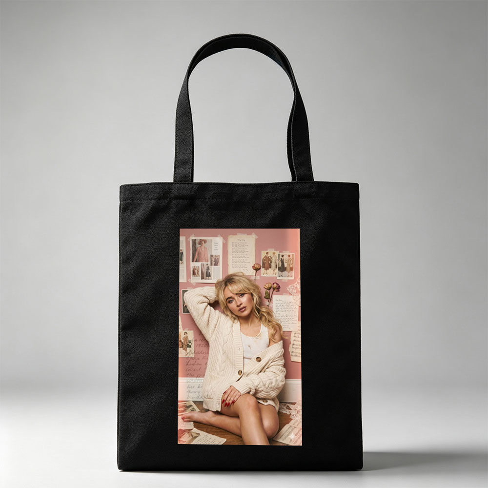 Sabrina Carpenter Sitting on Floor in Cozy Knit Cardigan Against Pink Wall with Vintage Photos and Letters - Canvas tote bags