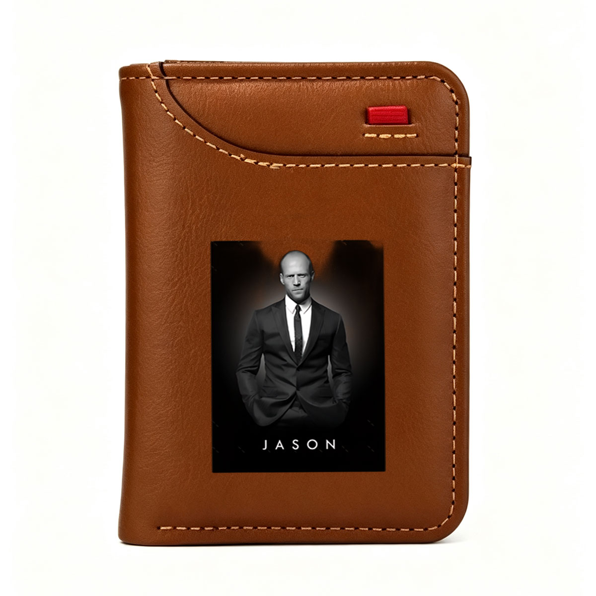 Jason Statham in a formal suit, black and white portrait - Vertical Style Wallet