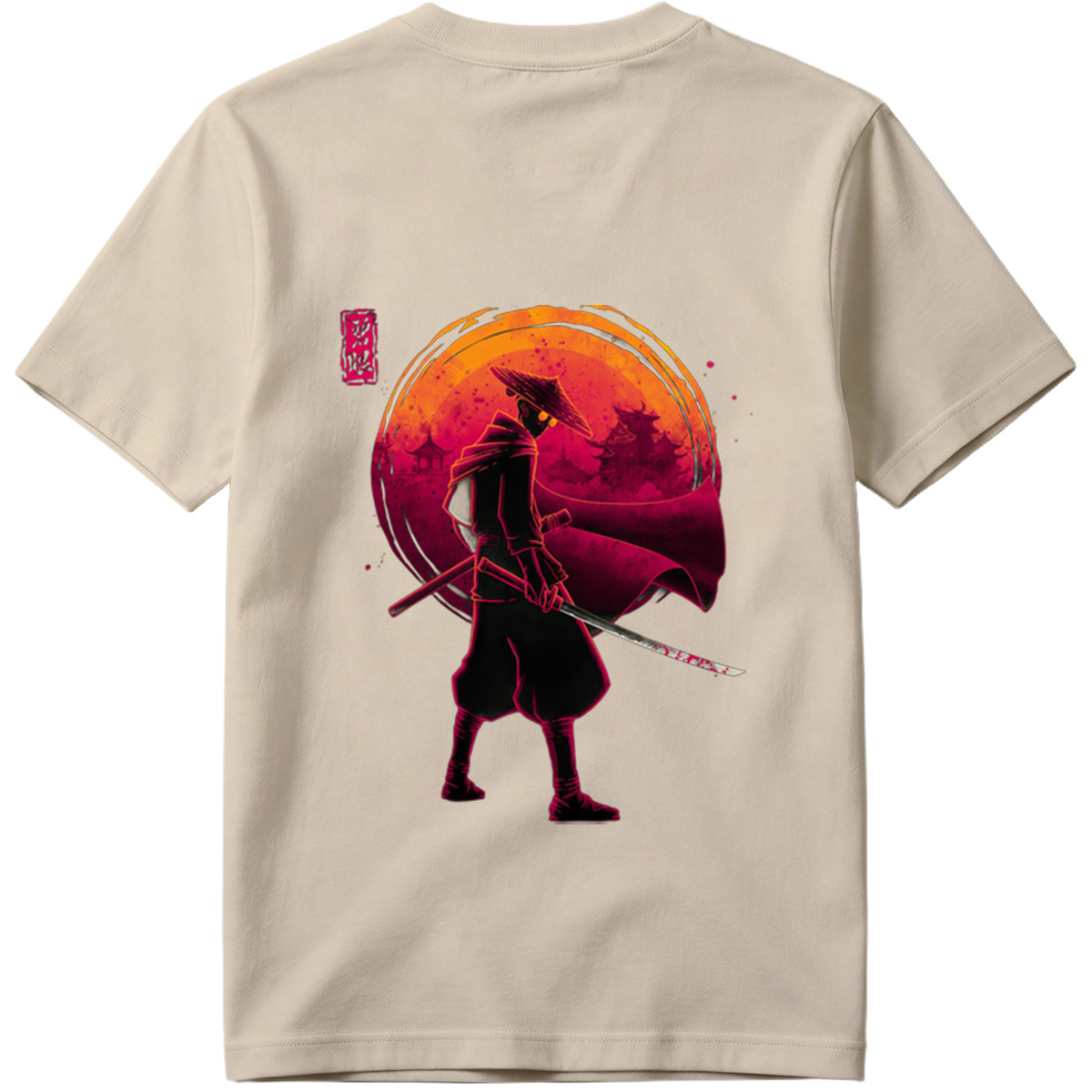 Samurai Warrior with Bloodied Sword Against Crimson Moon - Tee