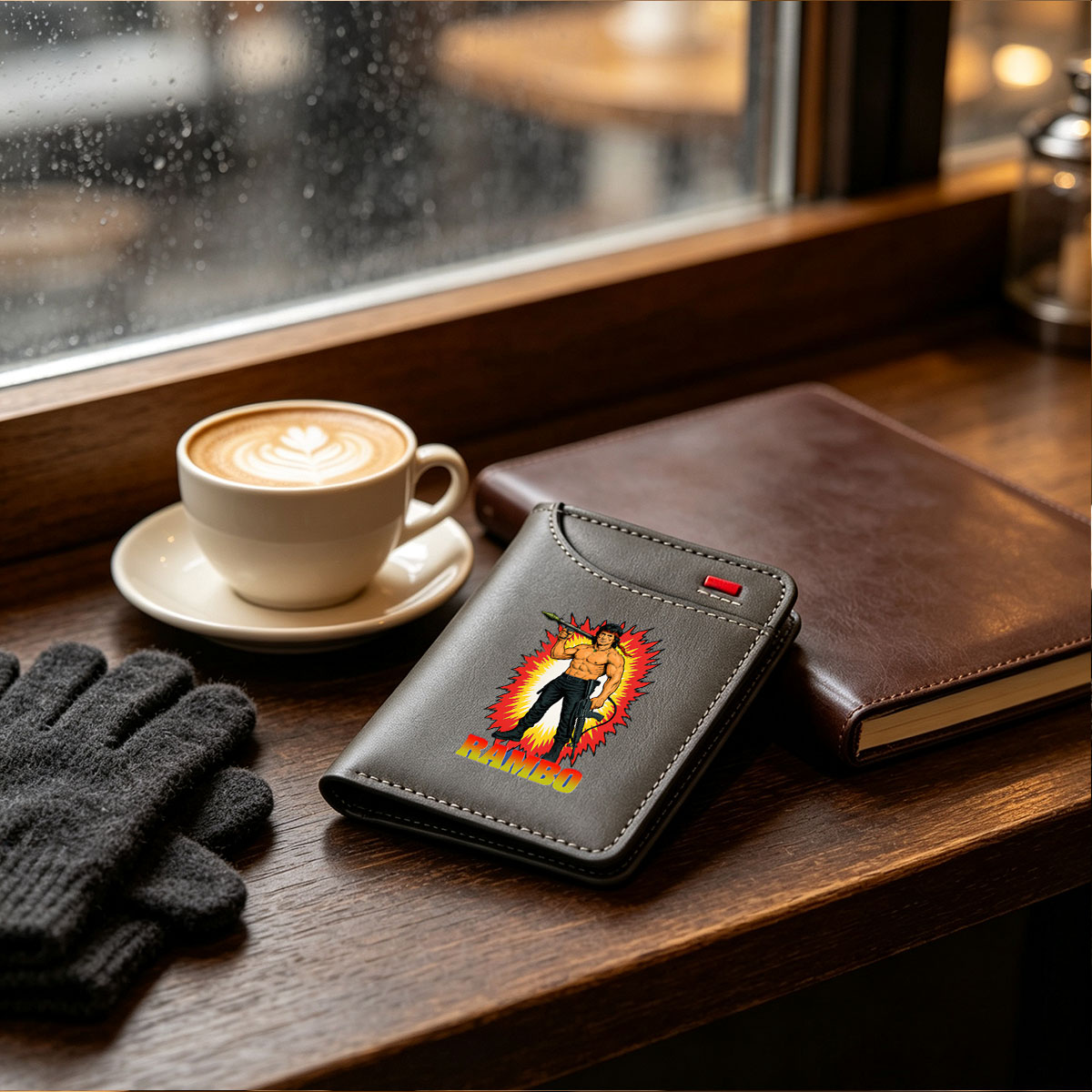 Rambo: John Rambo, Action Hero with Weapons and Explosive Background - Vertical Style Wallet