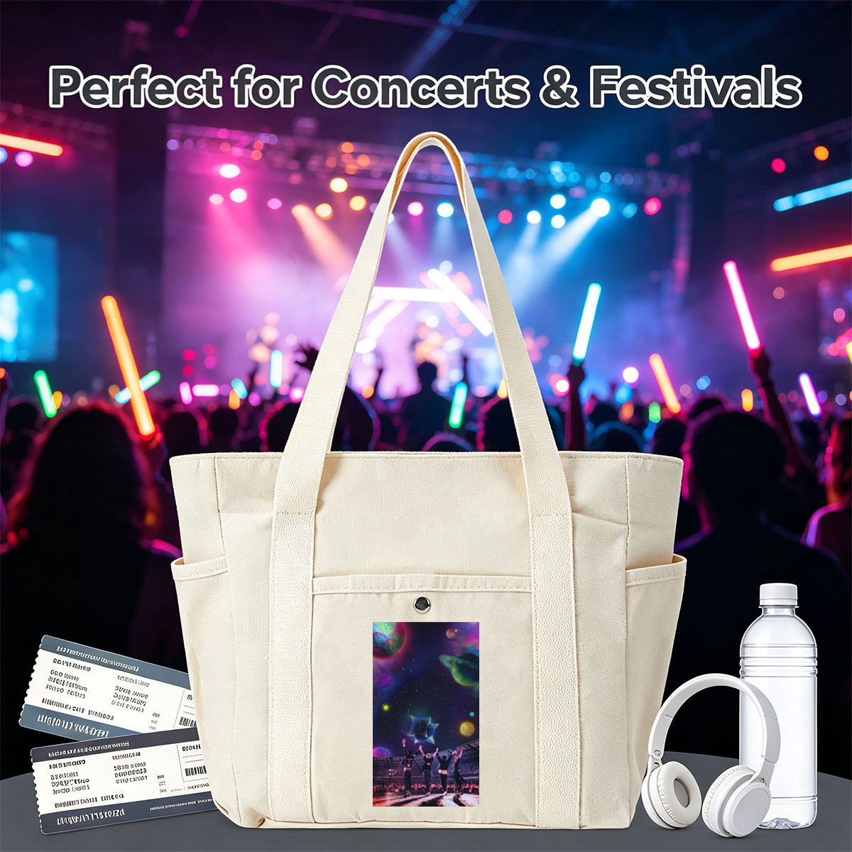 Coldplay Live Performance in a Cosmic Stadium with Vibrant Planets and Starry Sky Background - Multi-pocket bags