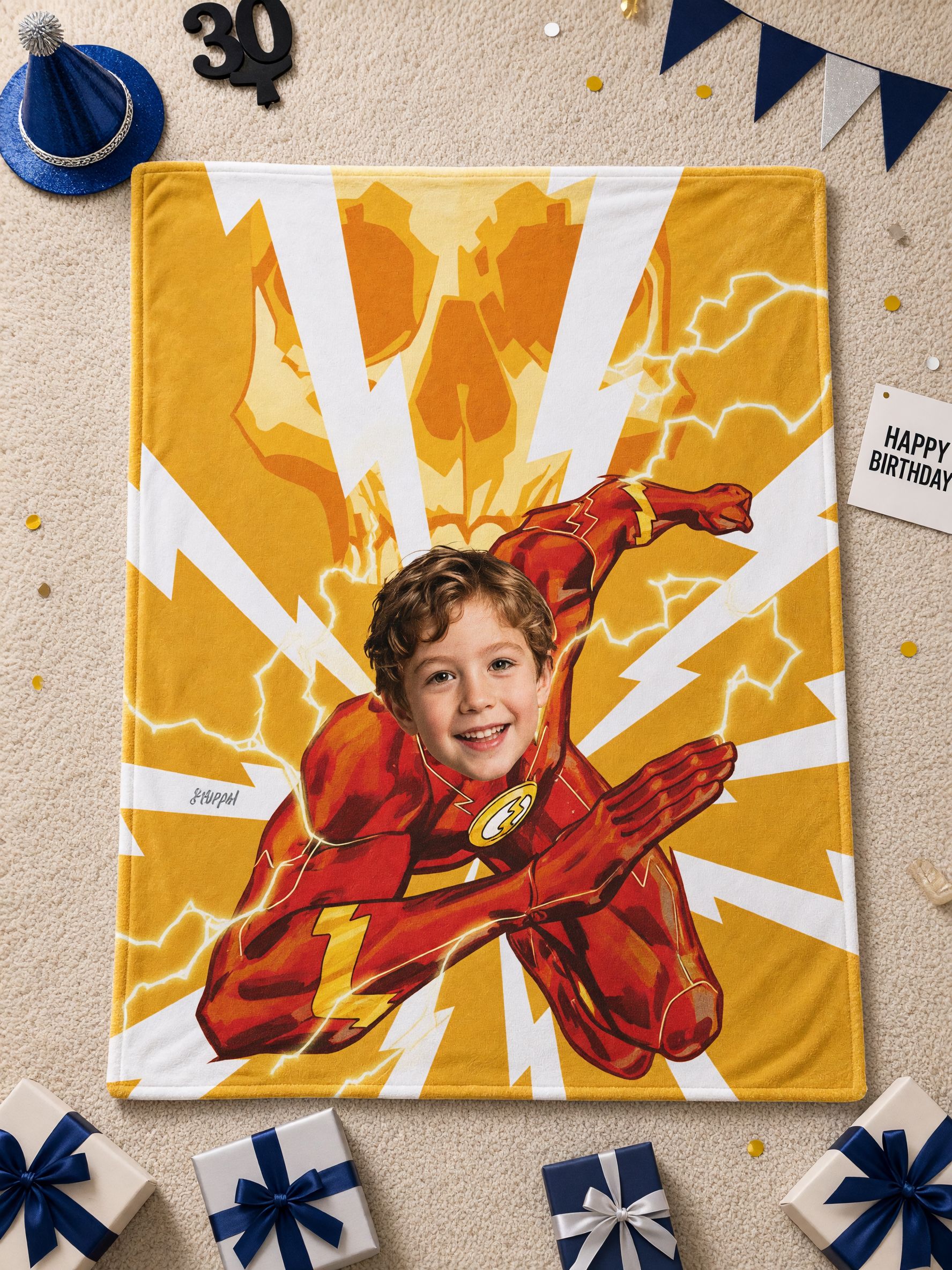 Personalized Superhero Face Photo Blanket, Custom Flannel Fleece Throw, Cozy Lightning Hero Keepsake Gift for Kids