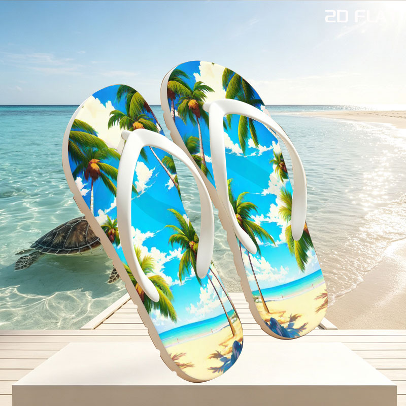 Tropical Beach with Palm Trees and Blue Sky -  flip-flops
