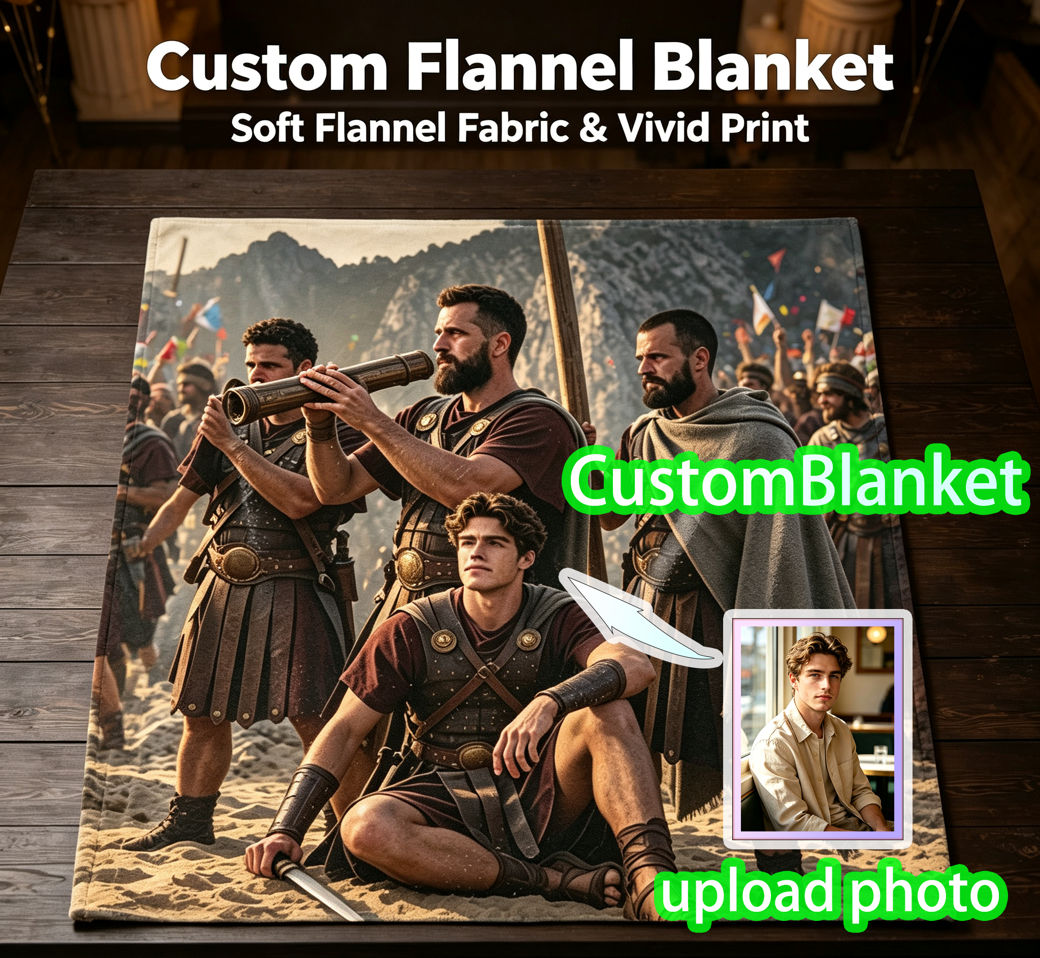 Custom Face Blanket Ancient Warriors Mountain Scene Flannel Blanket Perfect for Camping and Outdoor Adventures Ideal Gift for History Enthusiasts and Movie Fans
