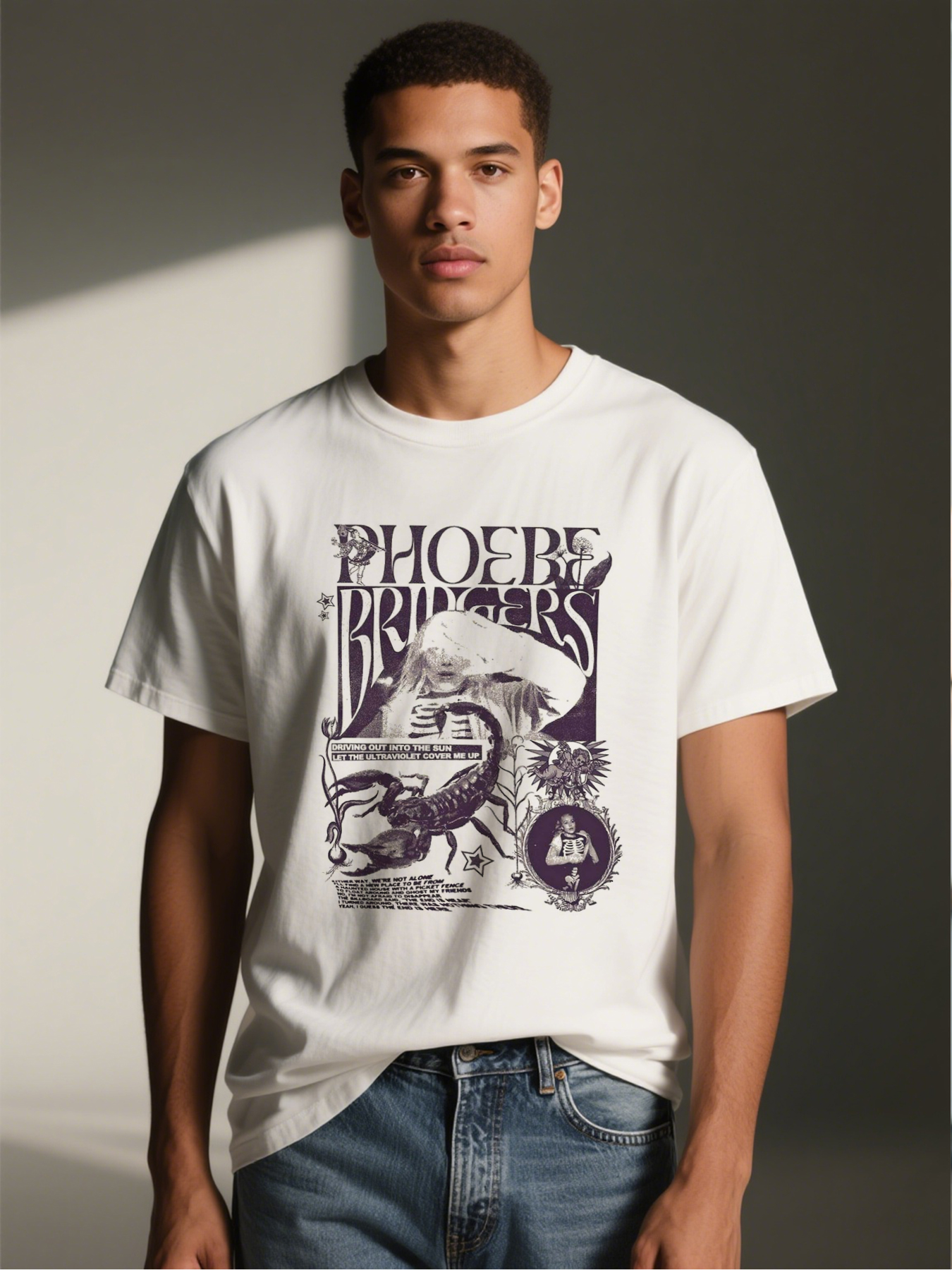 Men's Printed T-Shirt Featuring Phoebe Bridgers Artwork with Scorpion, Floral Motifs and Lyrics 