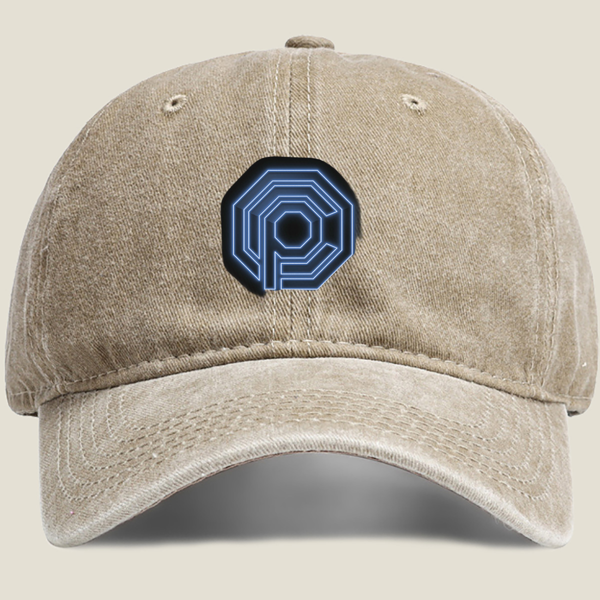 Neon Blue Octagonal Logo with Letter P - Washed Denim - Baseball Cap