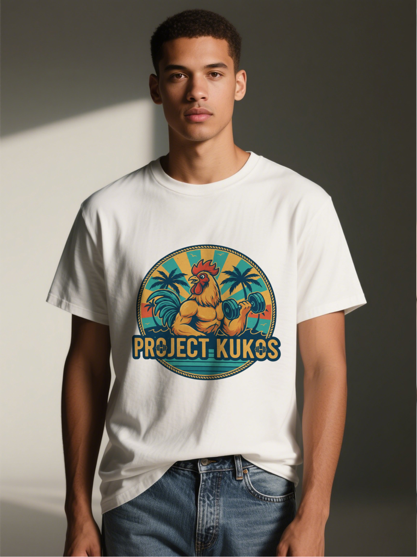 Men's Printed T-Shirt Project Kukos Muscular Rooster Lifting Dumbbells Tropical Palm Tree Design Casual Round Neck Summer Lightweight Breathable Short Sleeve T-Shirt for Gym Fitness Outdoor Activities Adults
