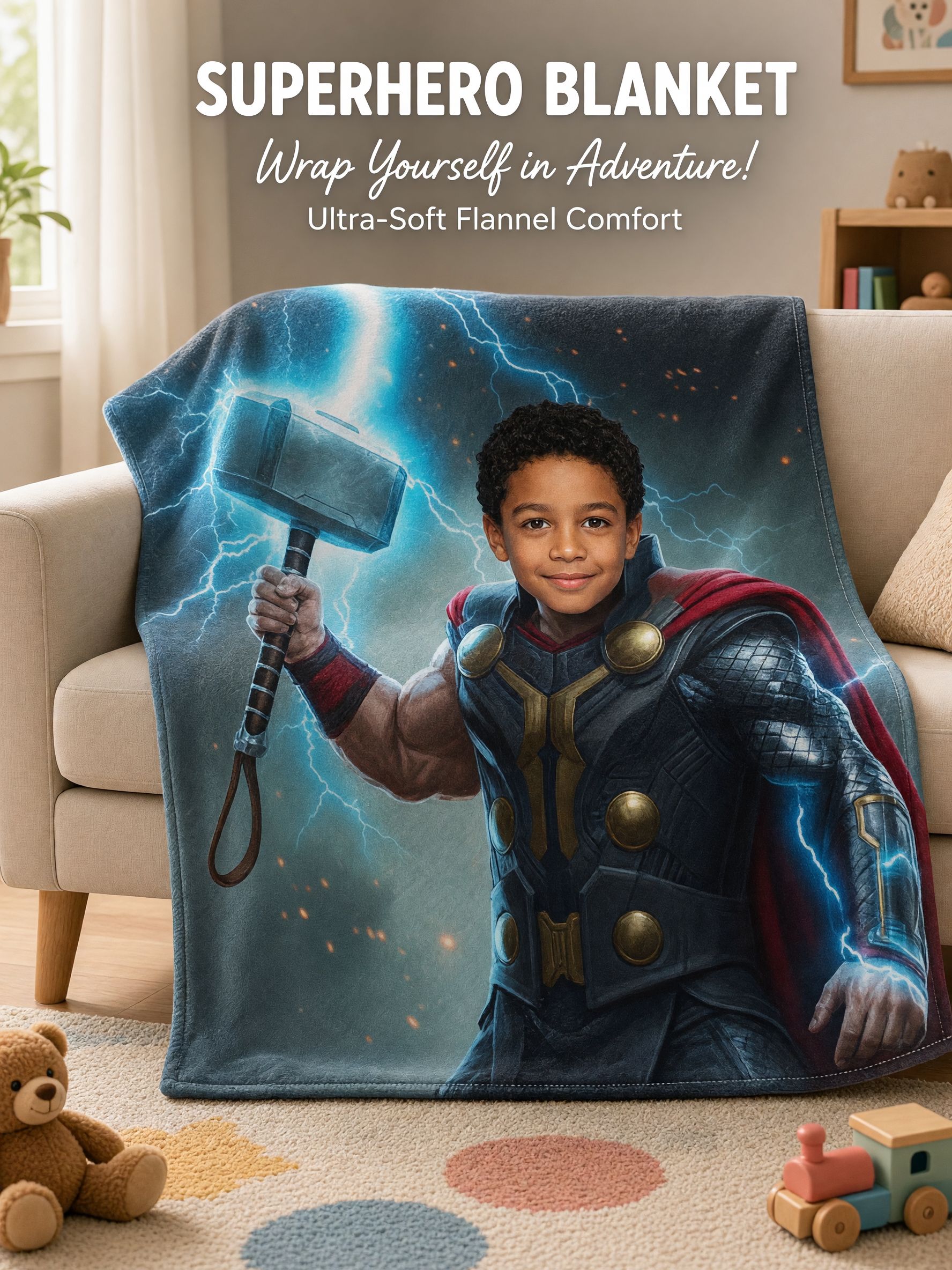 Custom Face Superhero Flannel Blanket, Personalized Photo Plush Throw for Kids and Adults, Cozy Birthday Gift Idea