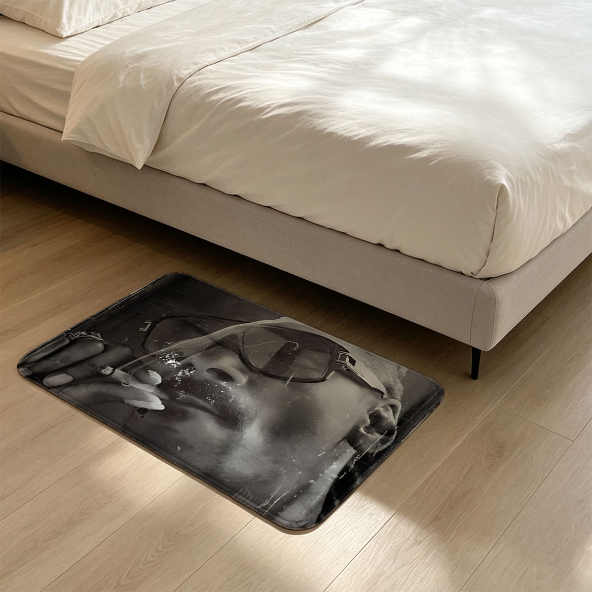 Snoop Dogg Smoking Cigarette in Sunglasses, Black and White Portrait - Flannel floor mat