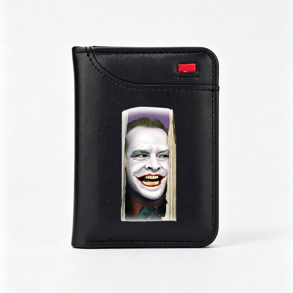 Joker from Batman, portrayed by Jack Nicholson, with iconic white face paint, green hair, and wide red smile. - Vertical Style Wallet