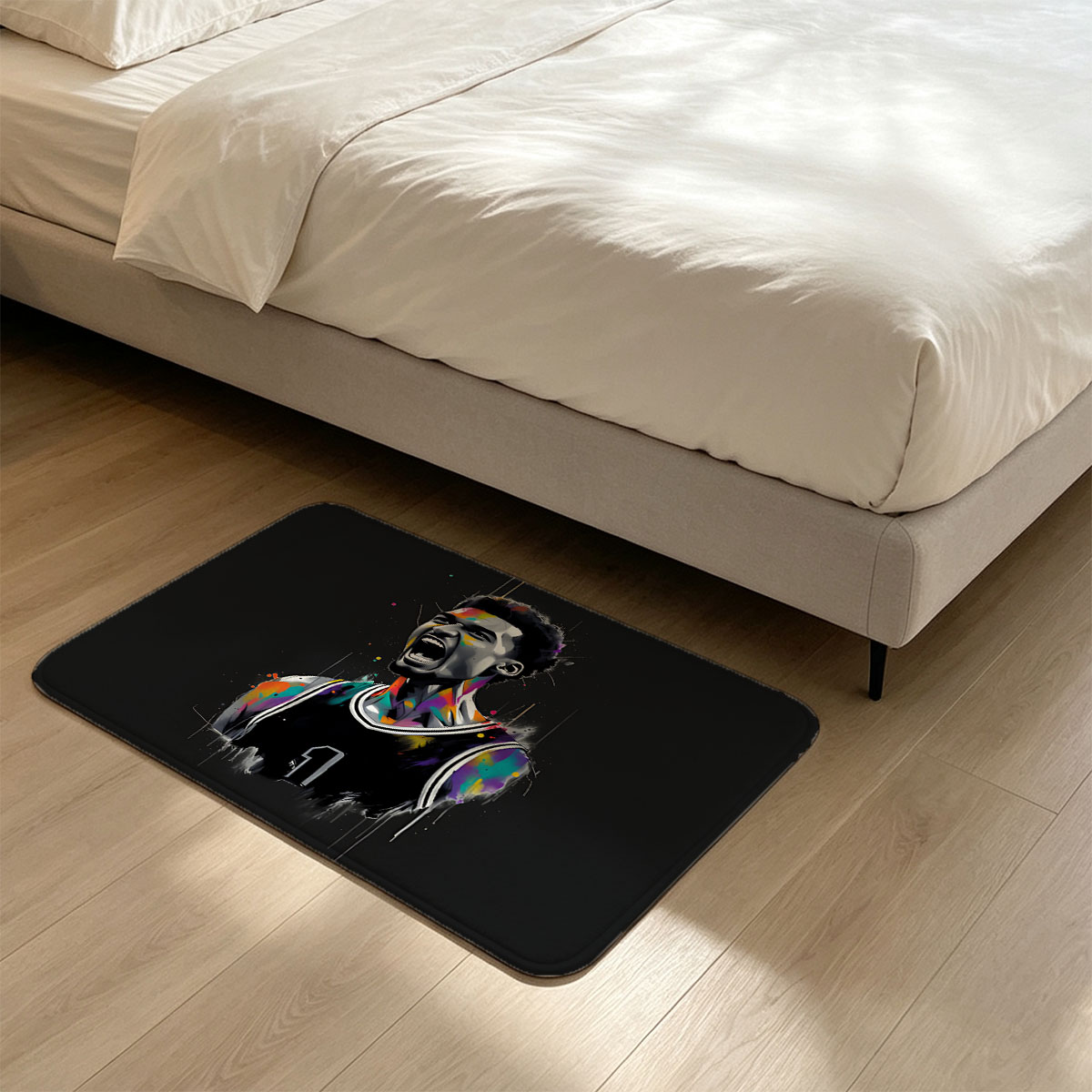 Derrick Rose in a vibrant, expressive basketball jersey with dynamic splashes of color. - Flannel floor mat