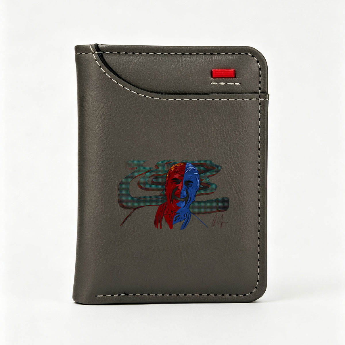 Split-Face Portrait: Red and Blue Duality with Digital Background - Vertical Style Wallet
