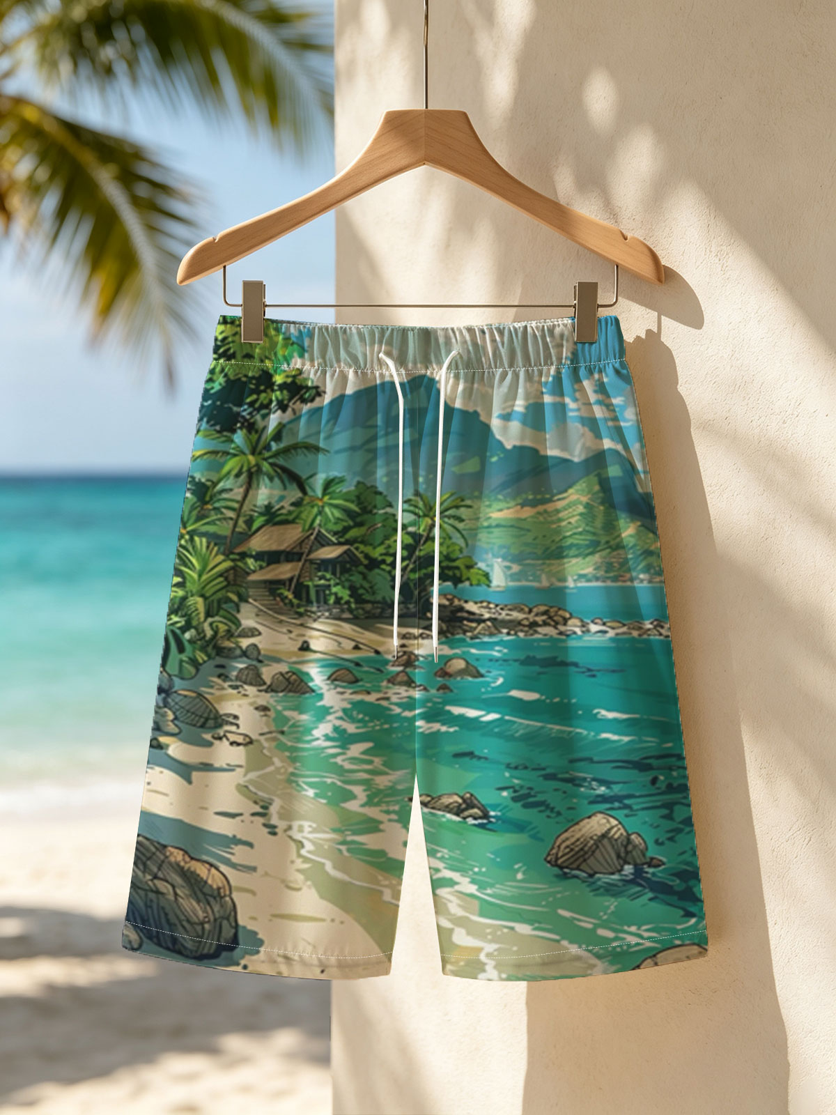 Tropical Beach with Lush Palm Trees and Crystal Clear Waters -  Beach shorts