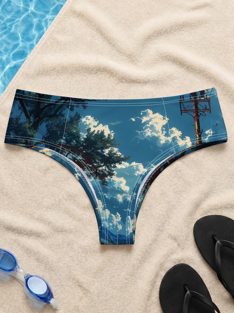 A cozy roadside shop under a vast sky, illuminated by warm lights and framed by a large tree and distant mountains. -  Men's swim trunks