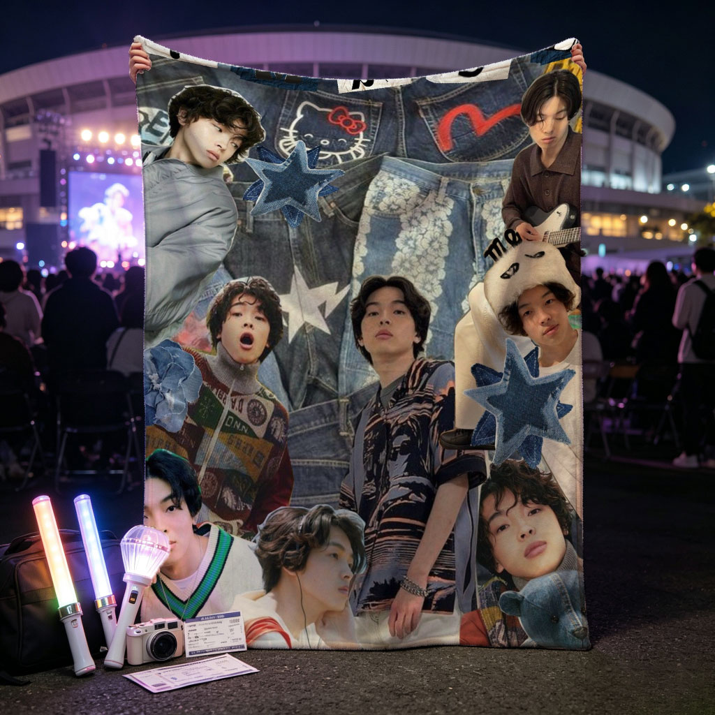 IMASE Members in a Denim-Themed Collage with Stars and Playful Elements - Blankets