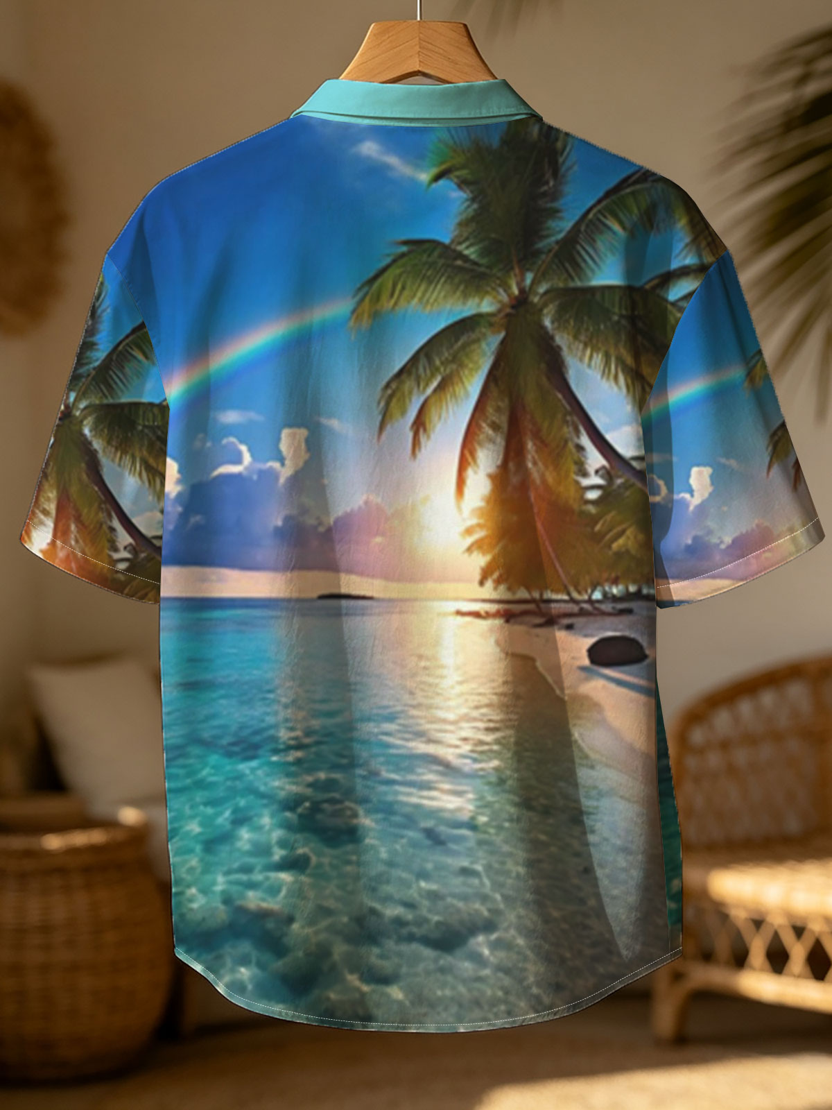 Tropical Beach with Rainbow and Palm Trees at Sunset -  Shirt