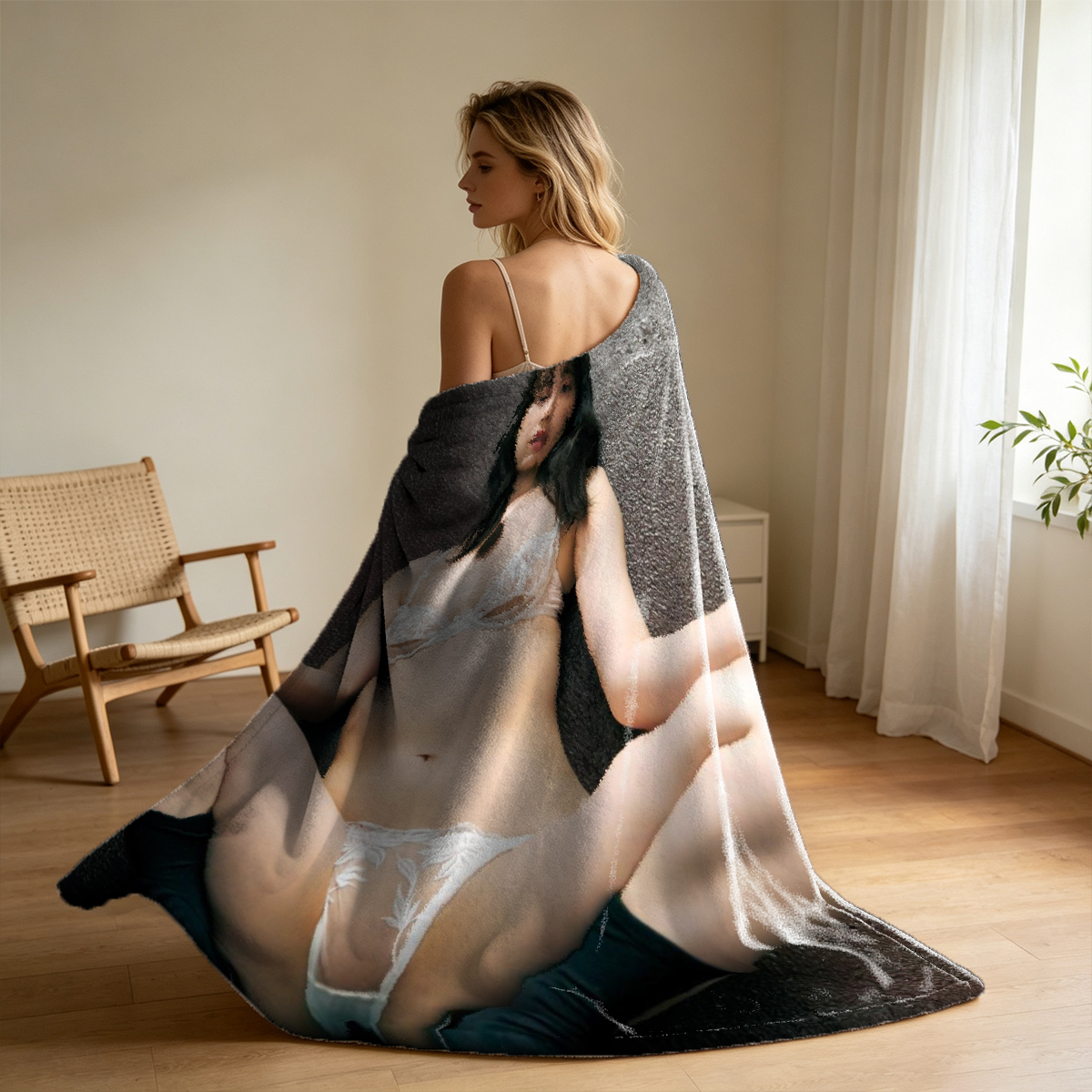 Blonde woman in white lingerie posing on a blue chair - Blanket