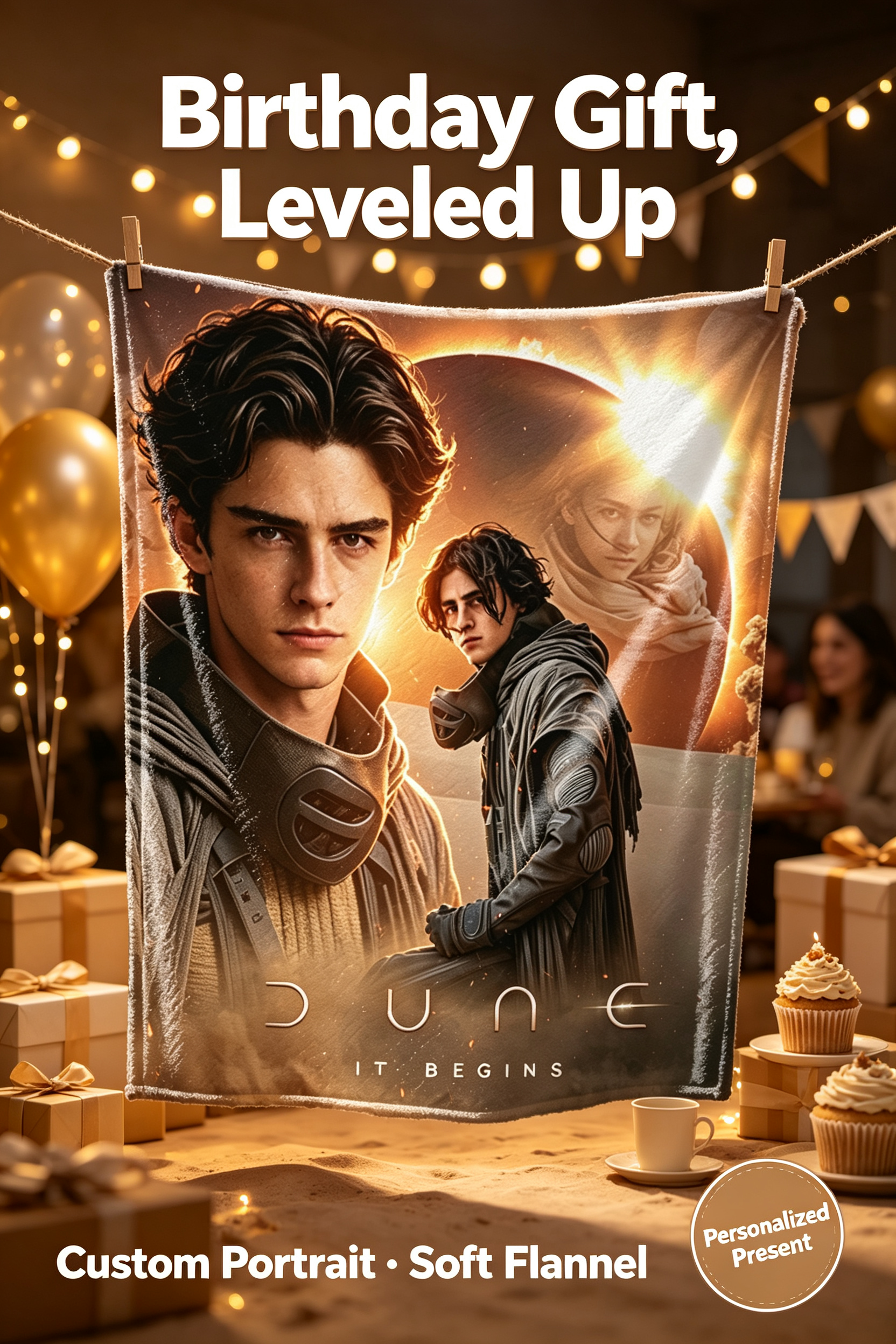 Custom Face Blanket Dune Movie Character Flannel Blanket for Home Decor and Cozy Nights – Perfect Gift or Giveaway for Fans