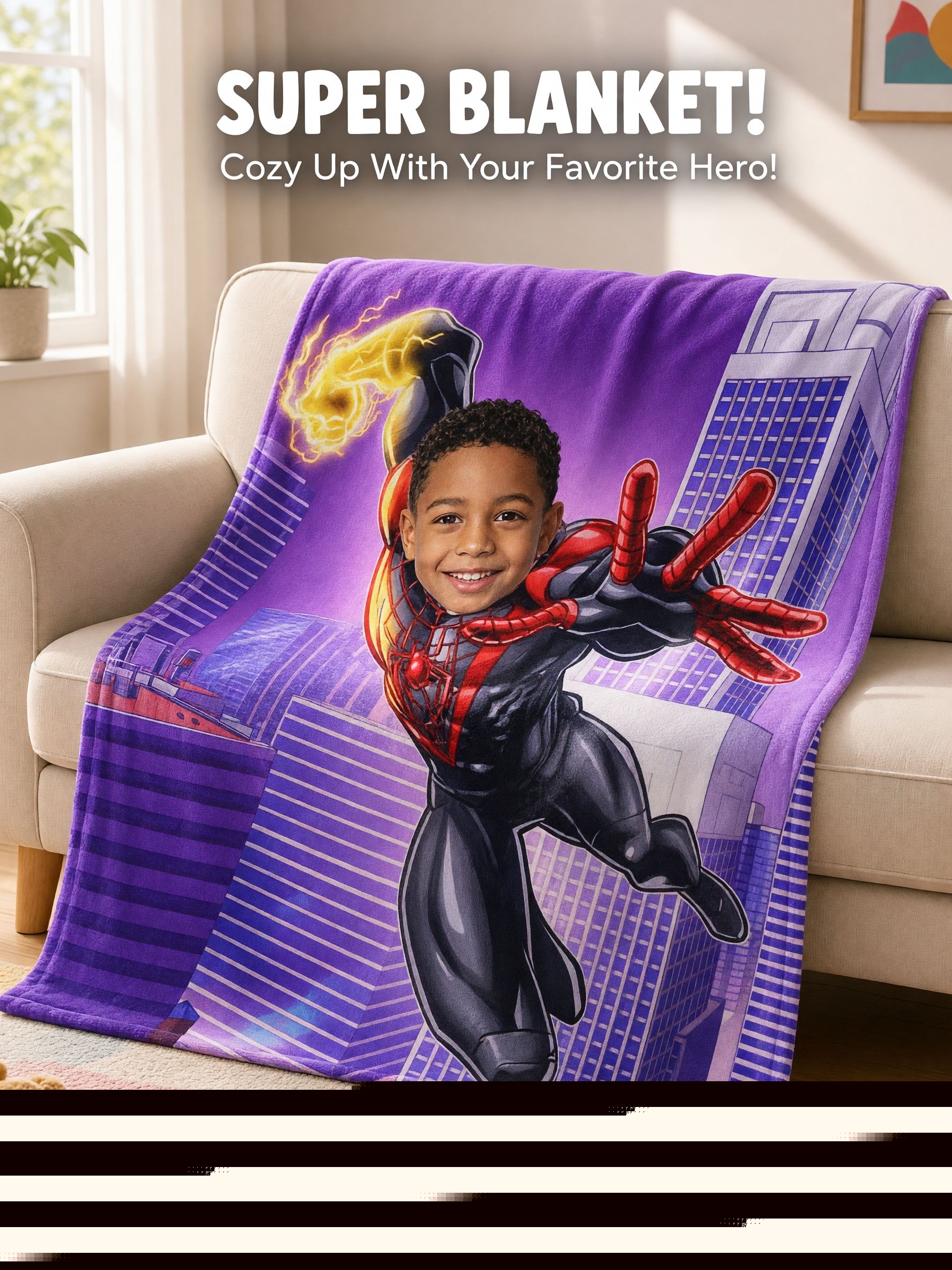 Custom Face Superhero Blanket, Personalized Photo Flannel Throw for Kids, Cozy Bed Couch Plush Fleece Keepsake Gift