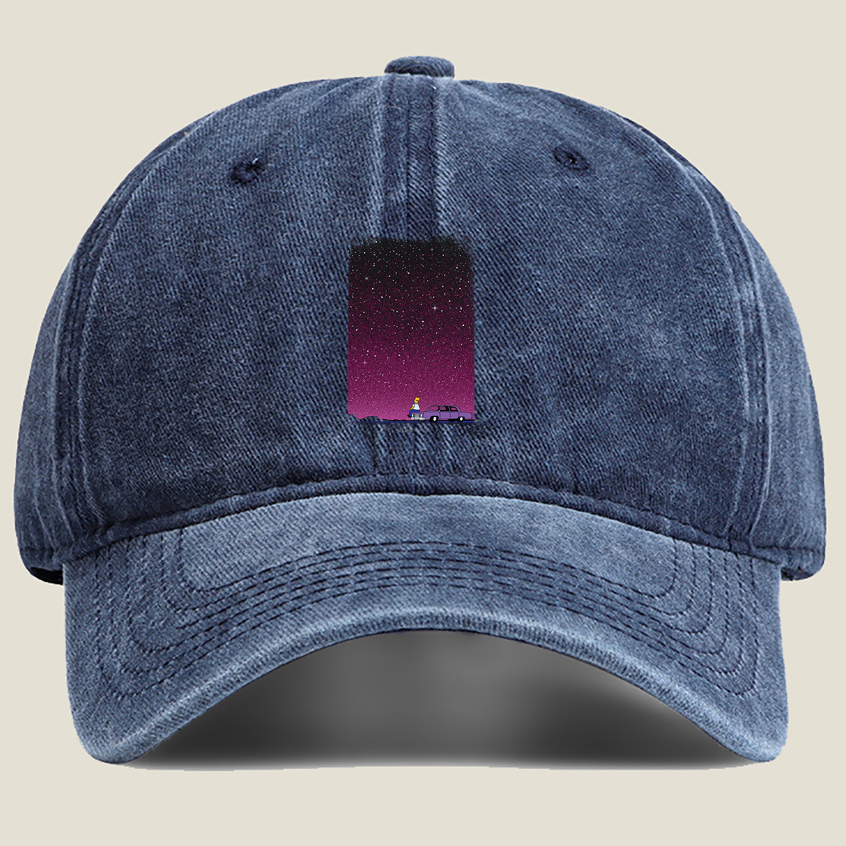 Homer Simpson Stares at the Stars in a Purple Sky - Washed Denim - Baseball Cap