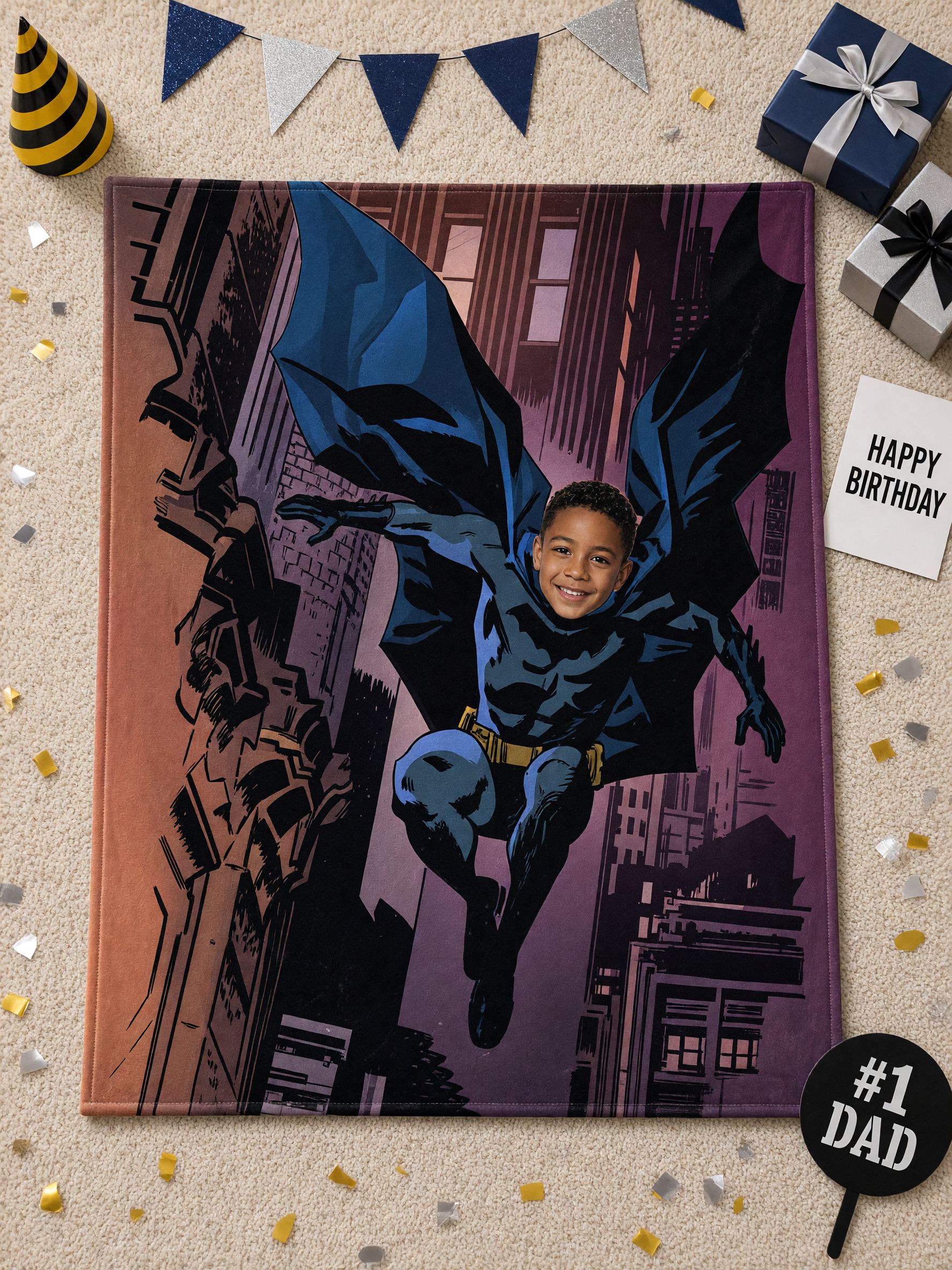Custom Superhero Photo Flannel Blanket Personalized Face Fleece Throw Cozy Comic Gift for Kids Couch Bed
