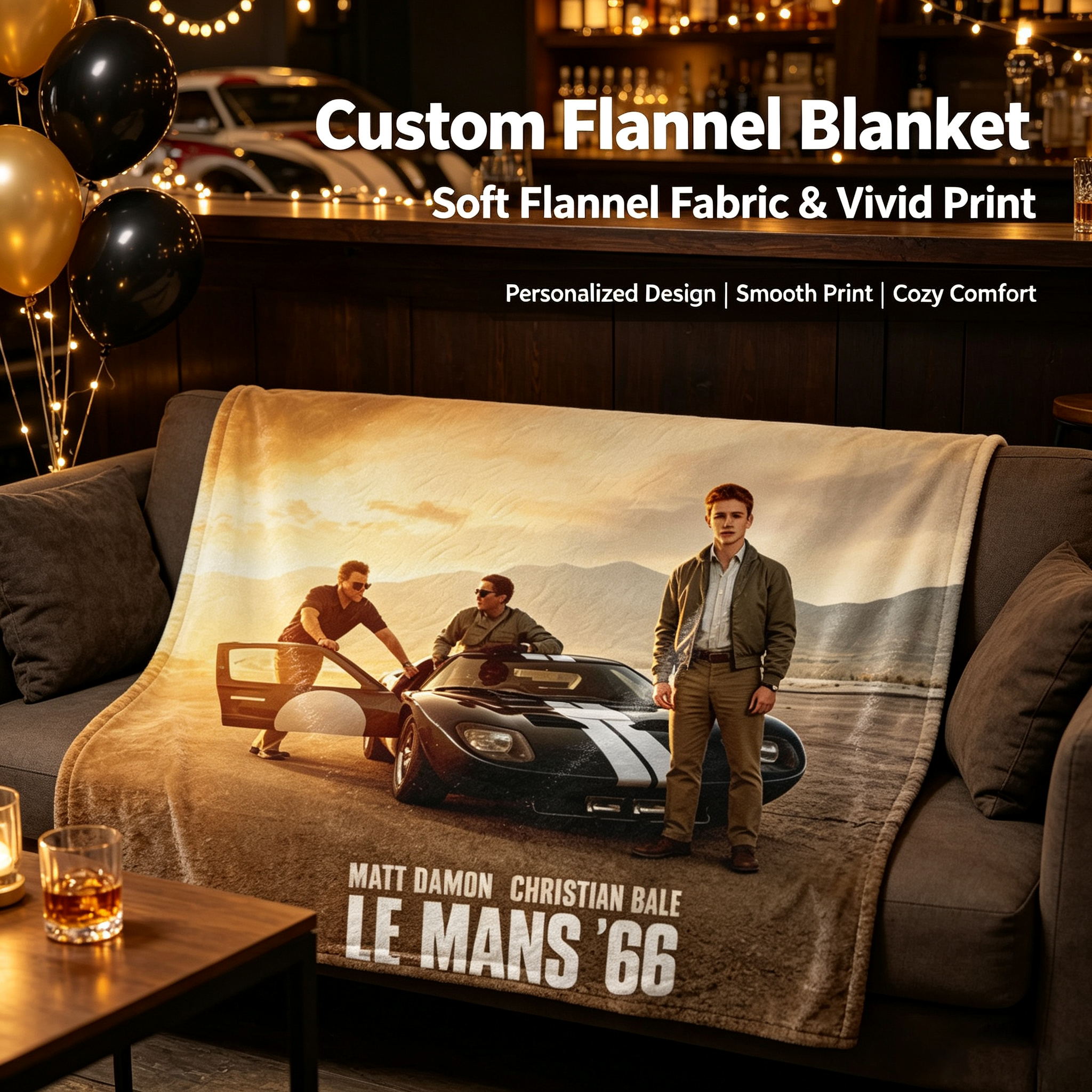 Custom Face Blanket Featuring Le Mans '66 Movie Characters Matt Damon and Christian Bale Flannel Blanket for Car Enthusiasts and Movie Fans Perfect Gift or Giveaway Item