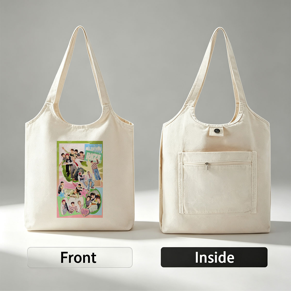 RIIZE Group in Vibrant Collage Pose with Colorful Background and Heart-Shaped Message - Canvas shoulder bags/
