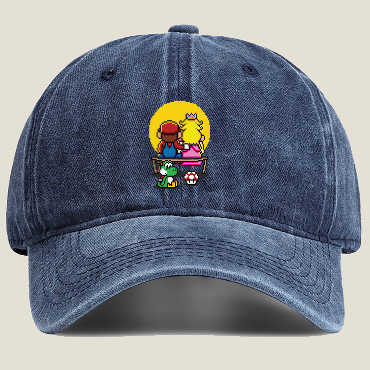 Mario and Peach Pixel Art with Yoshi and Mushroom - Washed Denim - Baseball Cap