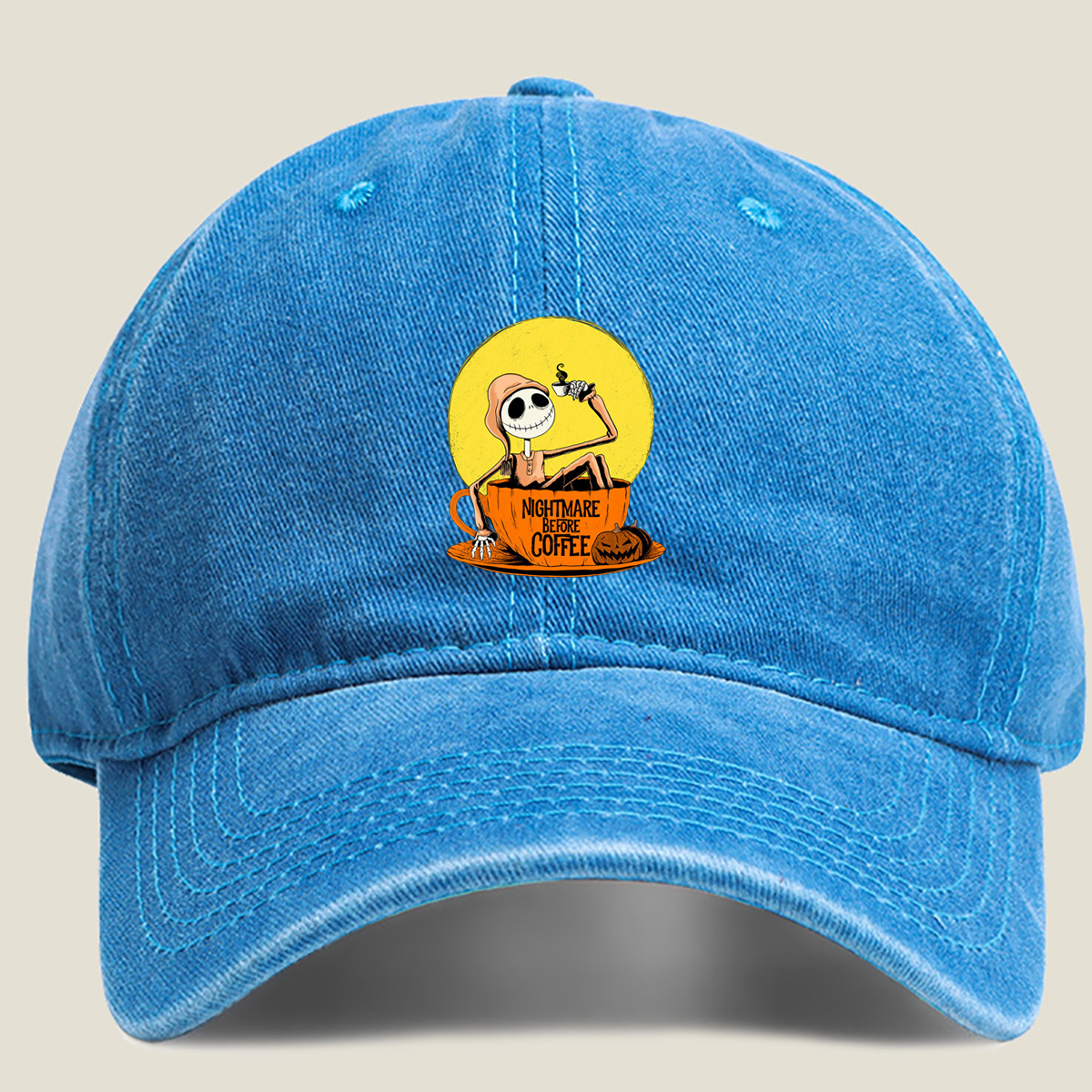 Jack Skellington in Coffee Cup - Nightmare Before Coffee - Washed Denim - Baseball Cap