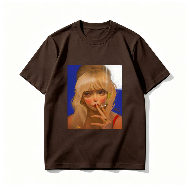 Blonde Woman Smoking Cigarette with Red Earrings and Ring - Tee