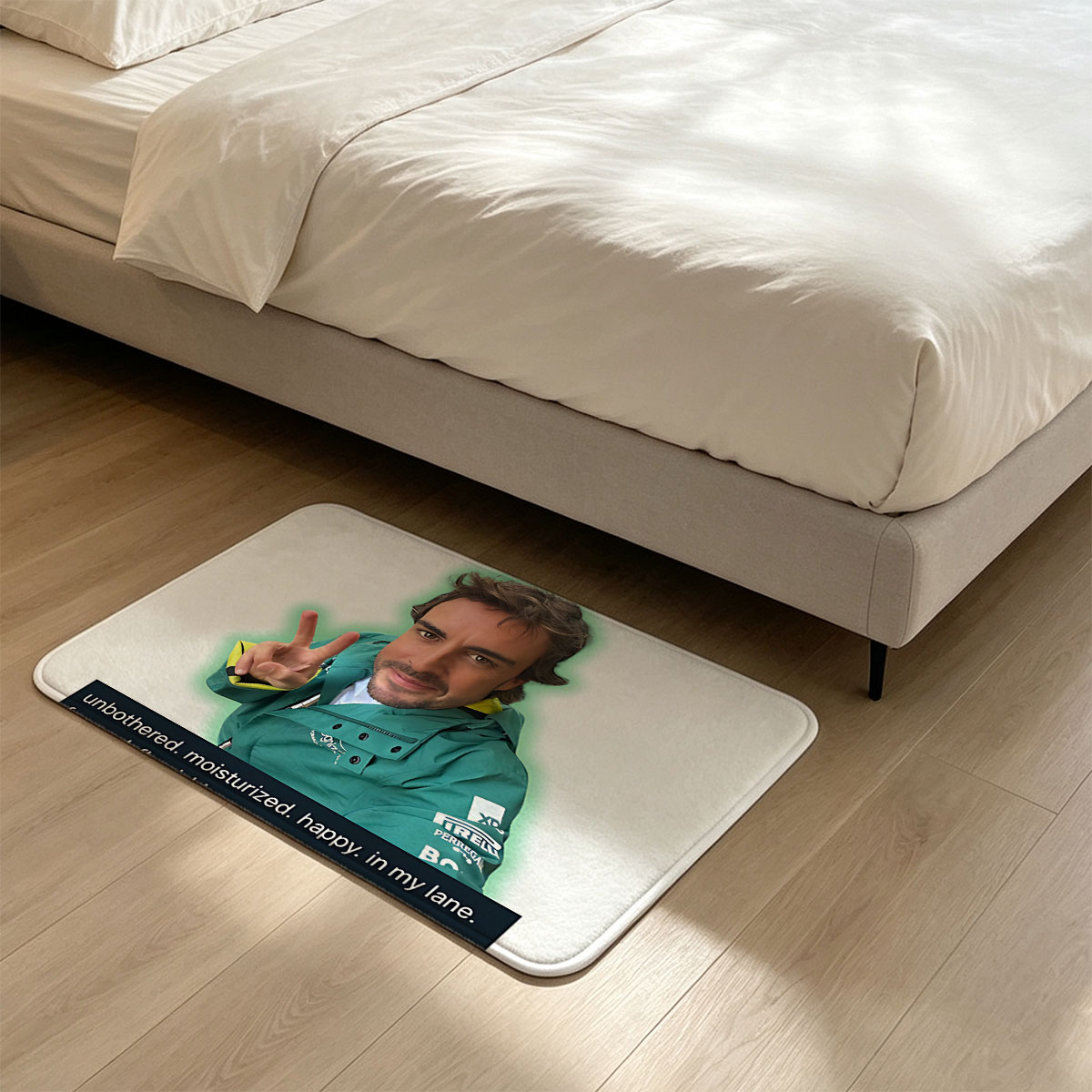 Fernando Alonso in Green Jacket Making Peace Sign with Text Overlay - Flannel floor mat
