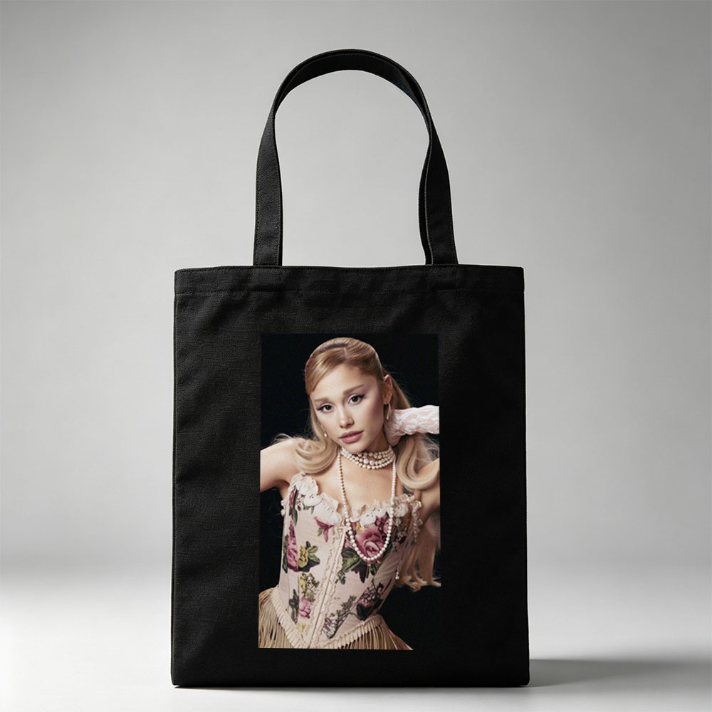 Ariana Grande in Elegant Floral Corset with Pearl Necklace and Vintage Style Pose - Canvas tote bags
