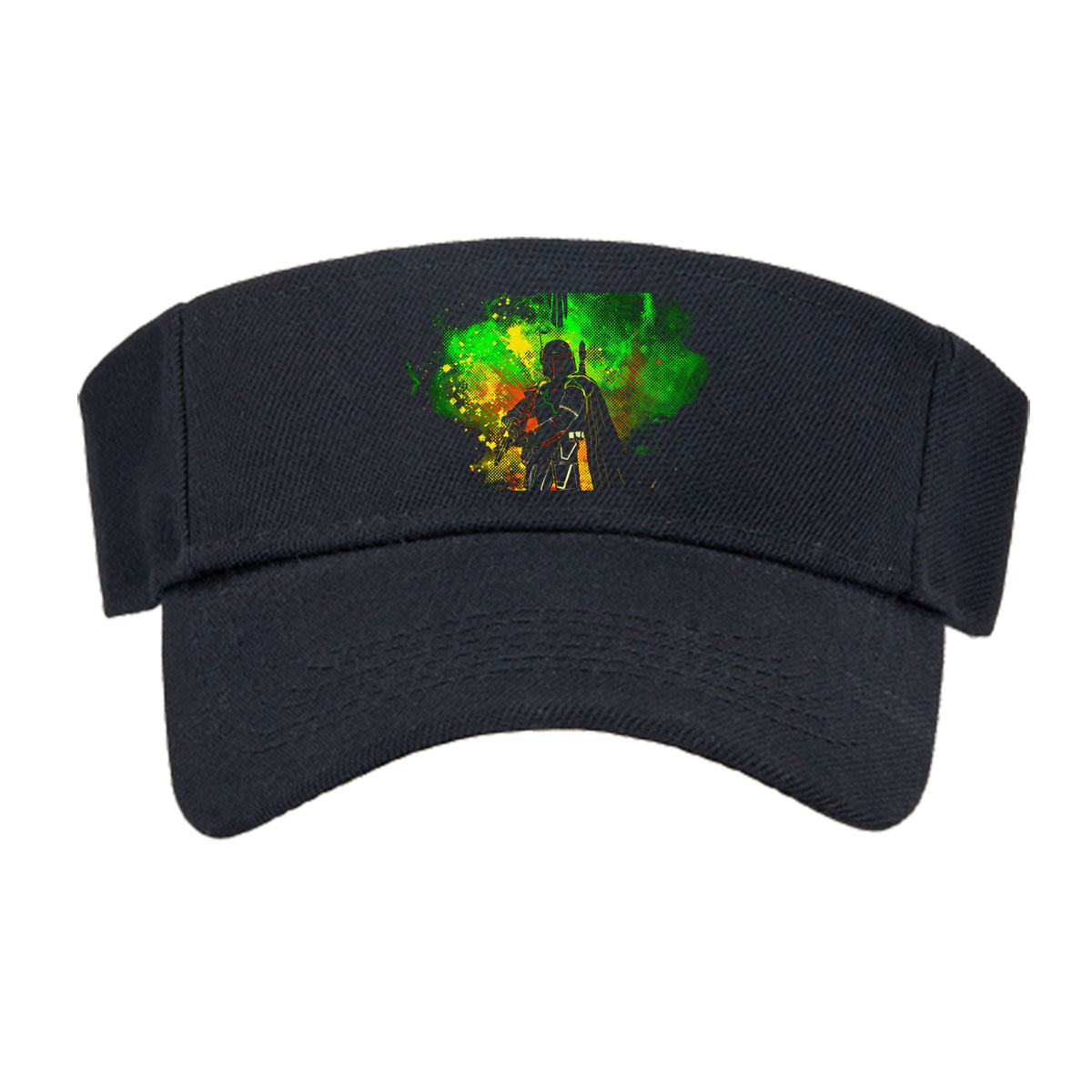 Din Djarin, The Mandalorian, stands in silhouette against a vibrant green and yellow cosmic backdrop, with the iconic Mandalorian symbol above. -  Visor cap