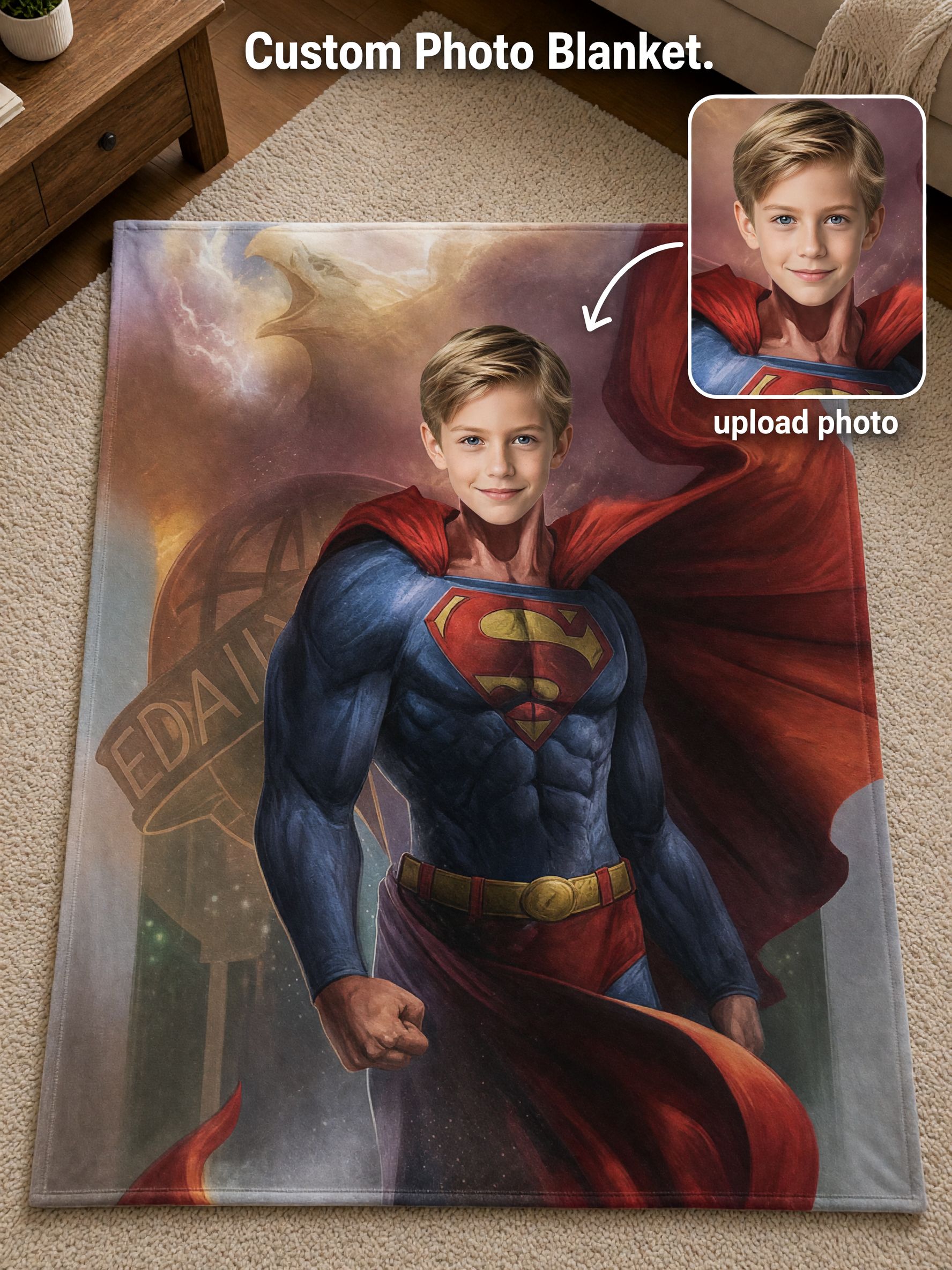 Personalized Superhero Photo Blanket Custom Face Flannel Throw Ultra Soft Cozy Fleece Gift for Bed Couch