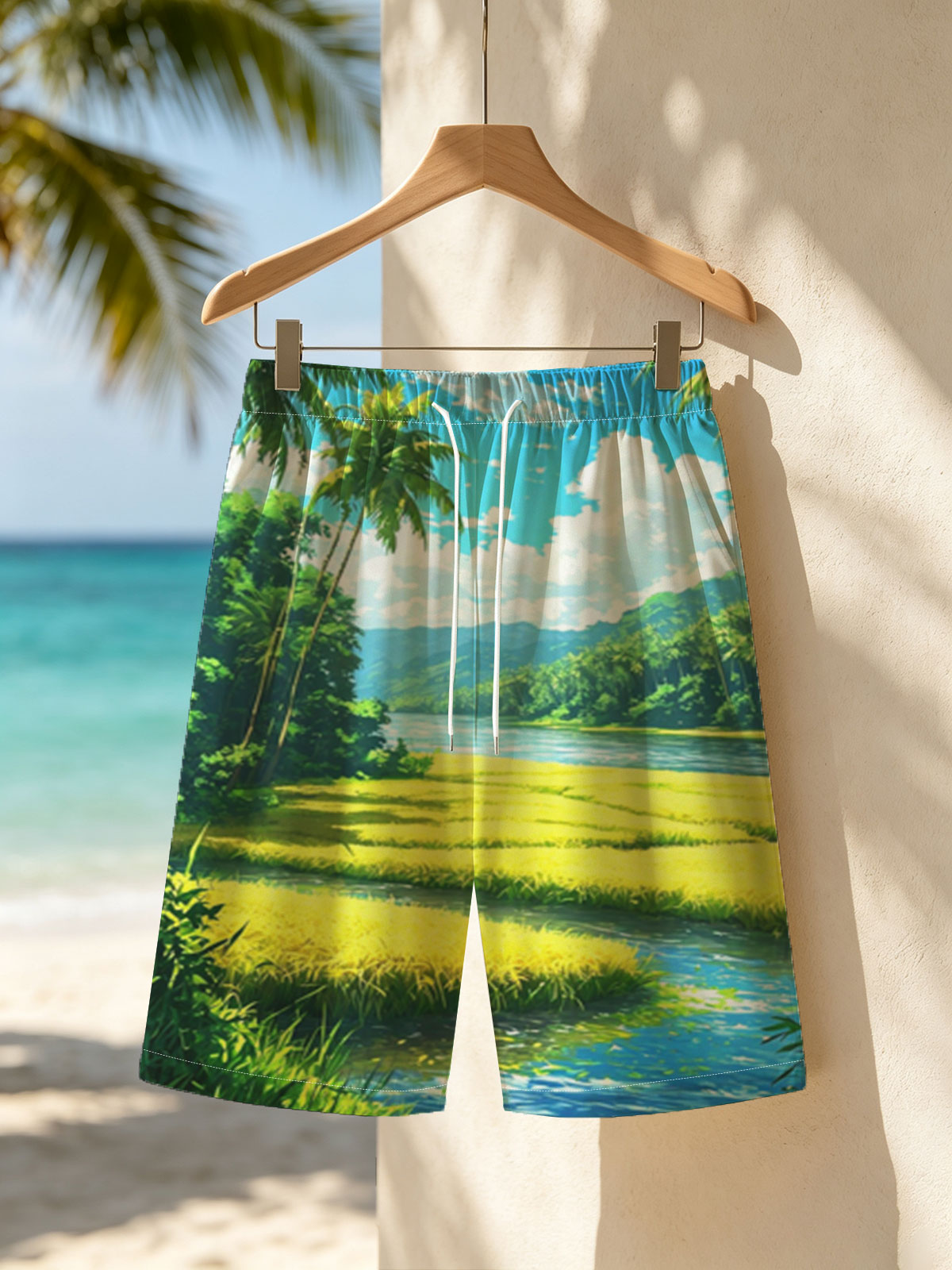 Tropical River Landscape with Lush Greenery and Palm Trees -  Beach shorts