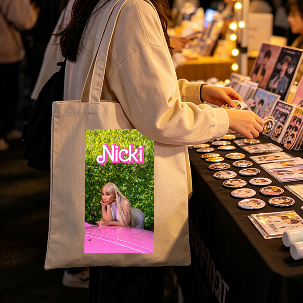 Nicki Minaj Leaning on Pink Car in Front of Green Hedge Wall - Canvas tote bags