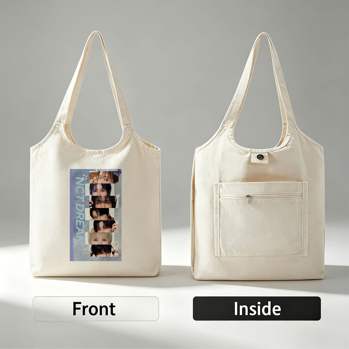 NCT DREAM Members Close-Up Portraits with Expressive Eyes and Stylish Hair Details - Canvas shoulder bags/
