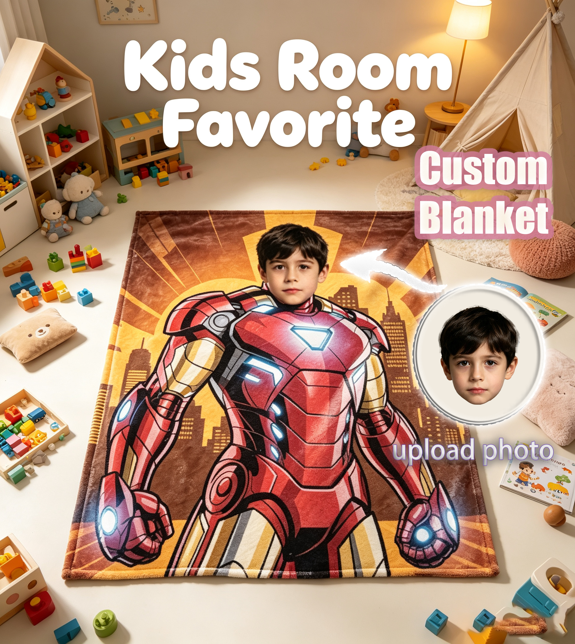 Custom Face Superhero Blanket for Boys, Personalized Soft Flannel Throw Blanket with Child Photo, Custom Hero Theme Birthday Christmas Gift for Kids