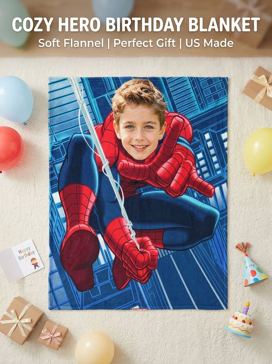 Custom Face Superhero Flannel Blanket, Personalized Photo Throw for Kids and Adults, Cozy Ultra-Soft Fleece Gift