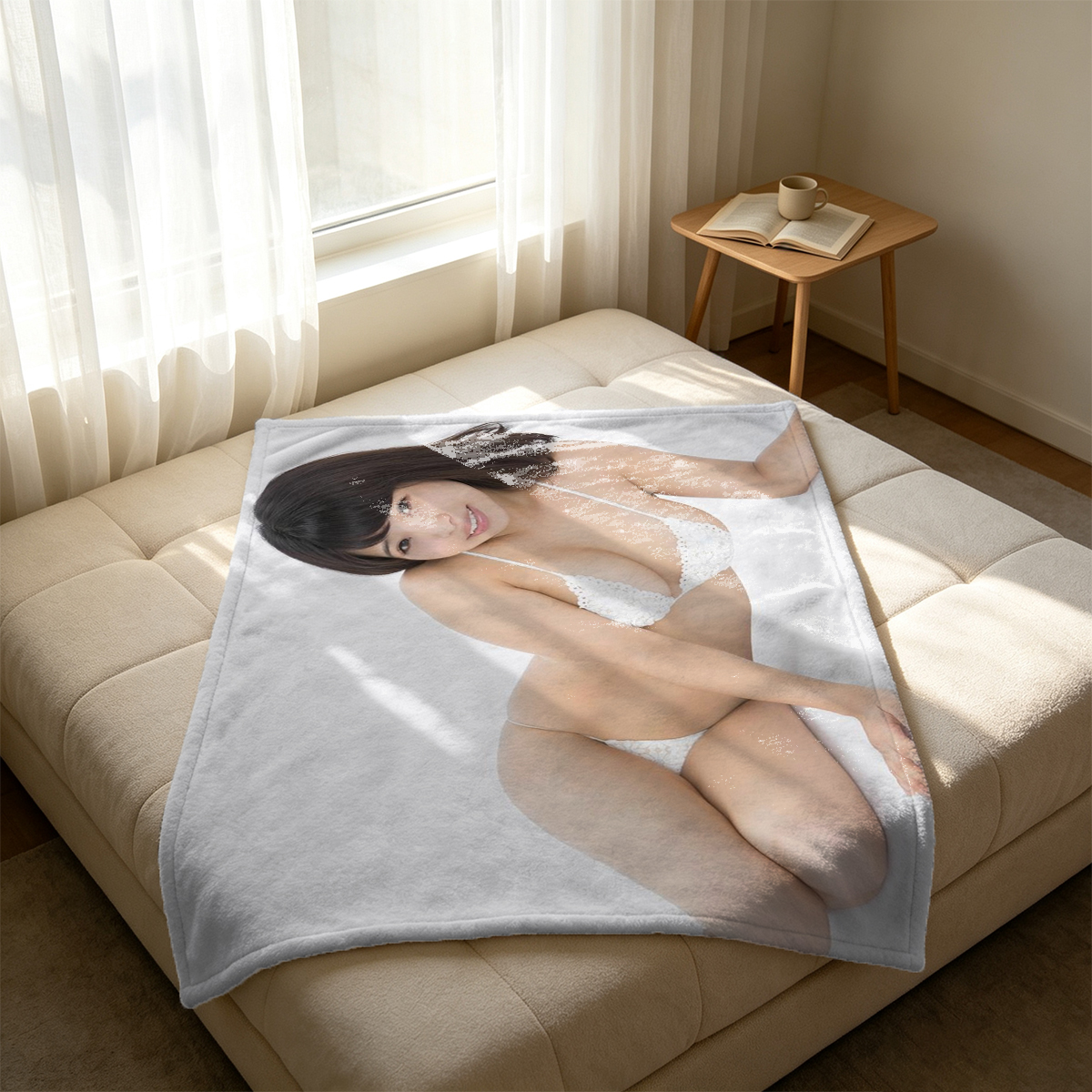 Elegant Woman in White Blouse and Black Pencil Skirt Sitting on Table - Blanket