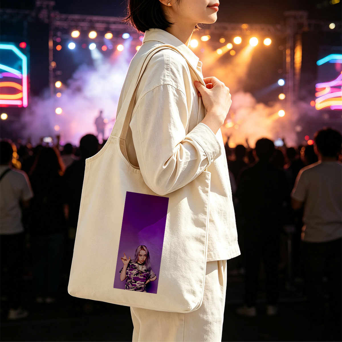 Billie Eilish in Purple Camo Outfit Making Hand Gesture Against Vibrant Background - Canvas shoulder bags/