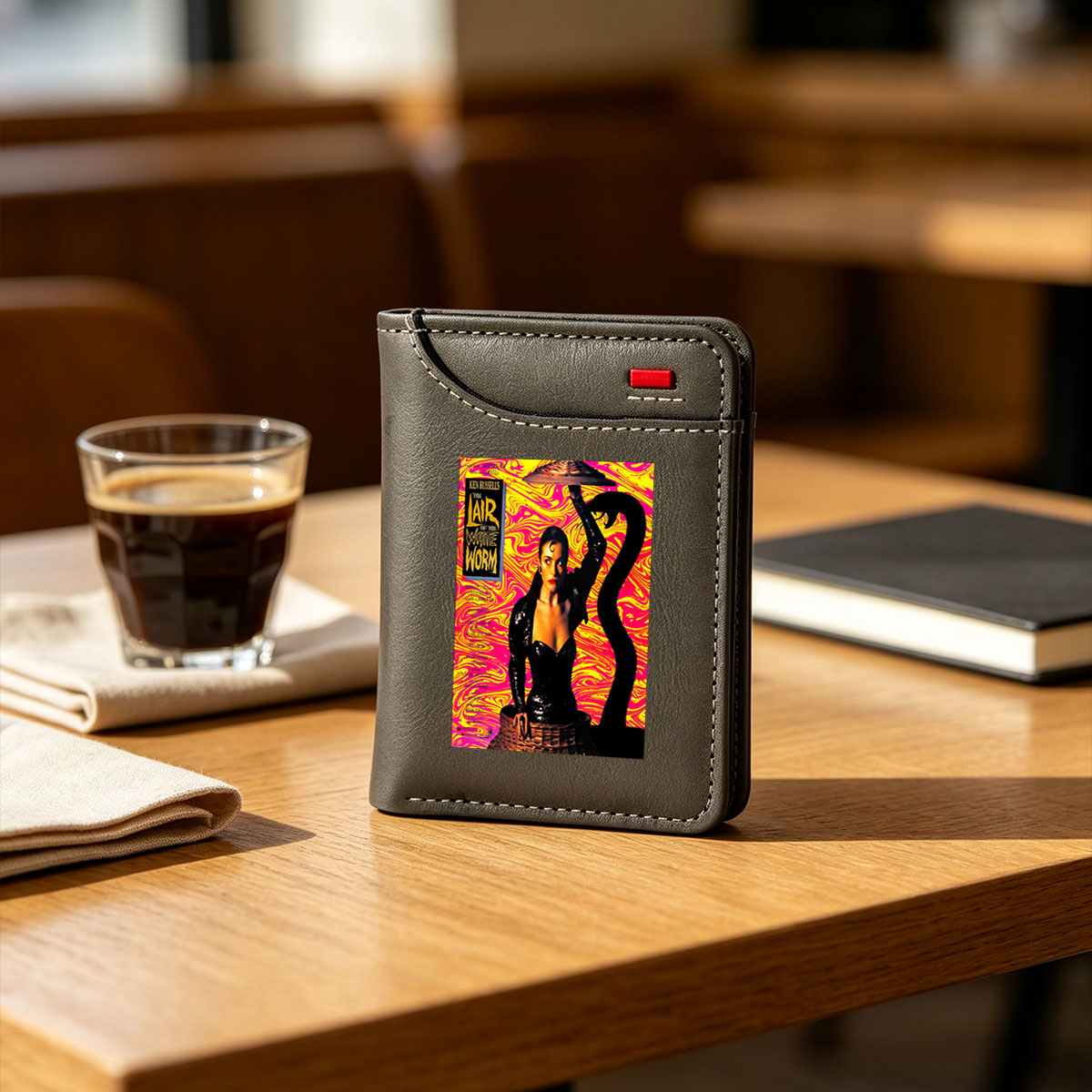 Ken Russell's The Lair of the White Worm: A Woman in Black with a Snake, Vibrant Background - Vertical Style Wallet